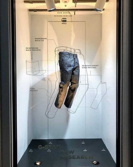 _ 5 Display of raw denim jeans with workwear pockets, reinforced knees, and tool pocket in retail showcase. | Sky Rye Design Display of raw denim jeans with workwear pockets, reinforced knees, and tool pocket in retail showcase.
