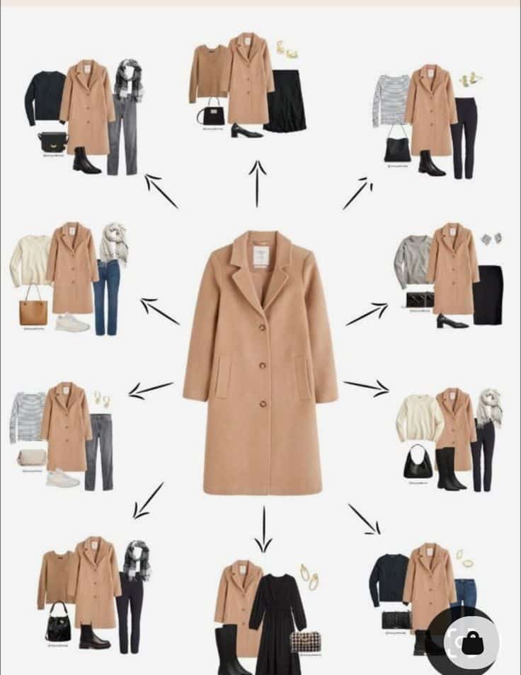 Stylish camel coat with multiple outfit ideas for versatile autumn fashion looks.