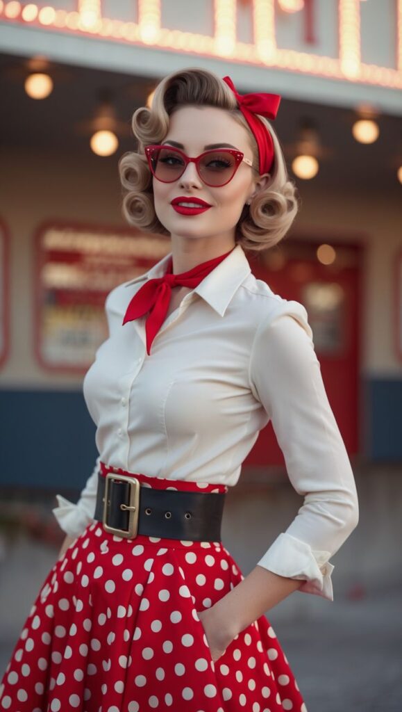 Retro fashion portrait: Woman in red polka dot skirt and glasses, styled with vintage flair.