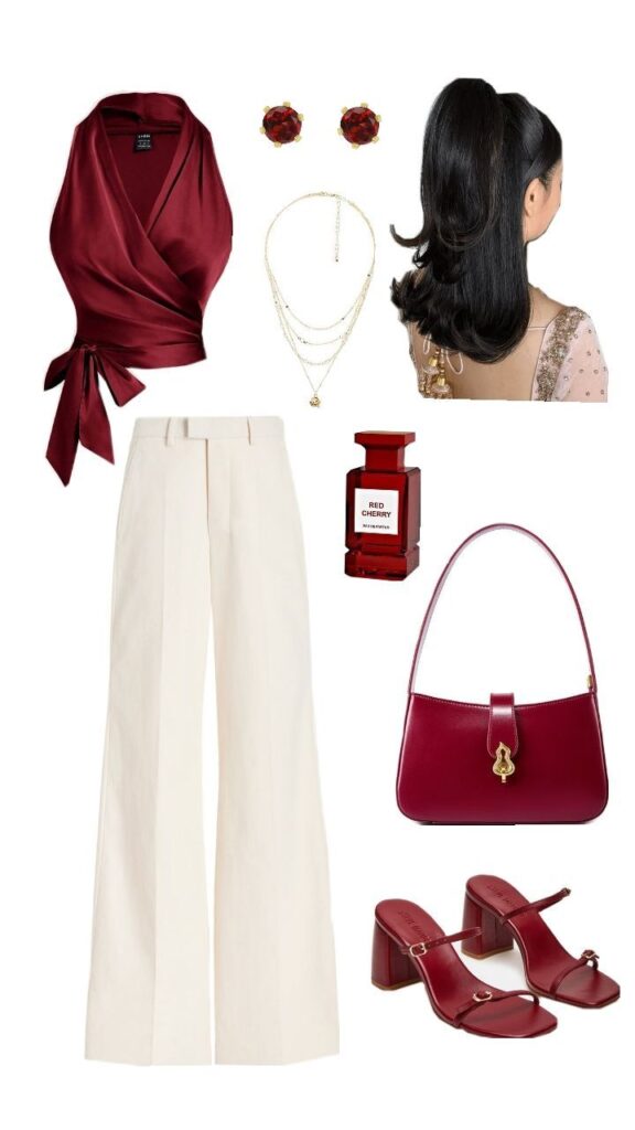 Chic outfit with burgundy top, white pants, matching accessories, and perfume flat lay fashion inspiration.