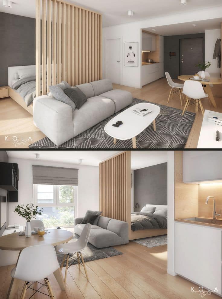 Modern studio apartment with open layout, featuring a cozy living area, wooden partition, and sleek kitchen design.