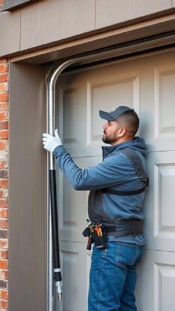 Garage technician installing a roller shutter on a residential garage door.