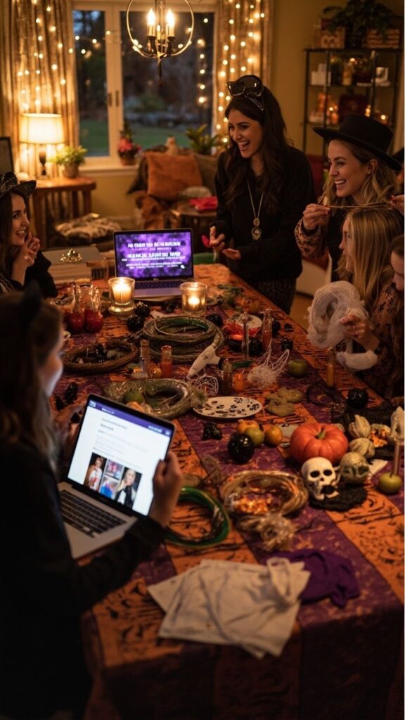 Women celebrating Halloween at a festively decorated table with candles, skulls, and laptops in a cozy room.