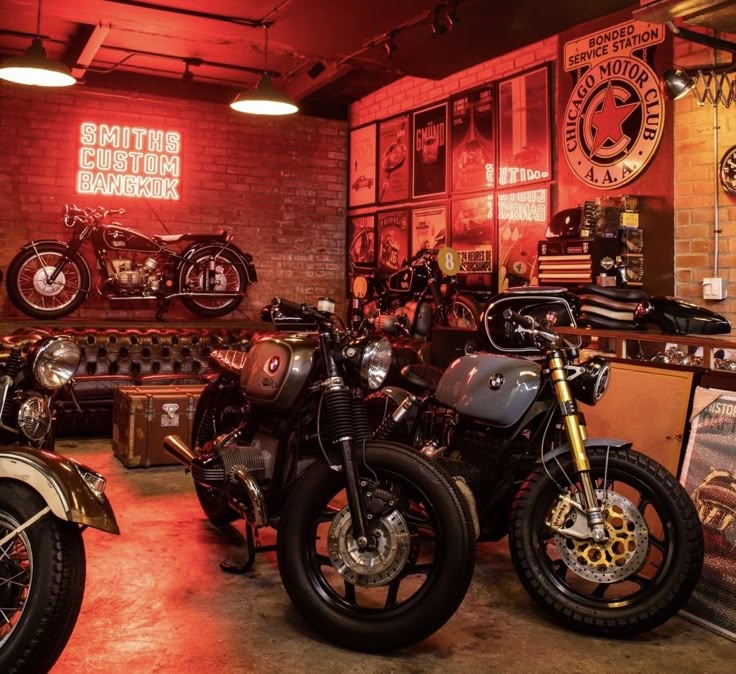 Vintage motorcycle shop with custom bikes, retro decor, and neon sign in Bangkok, creating a nostalgic atmosphere.