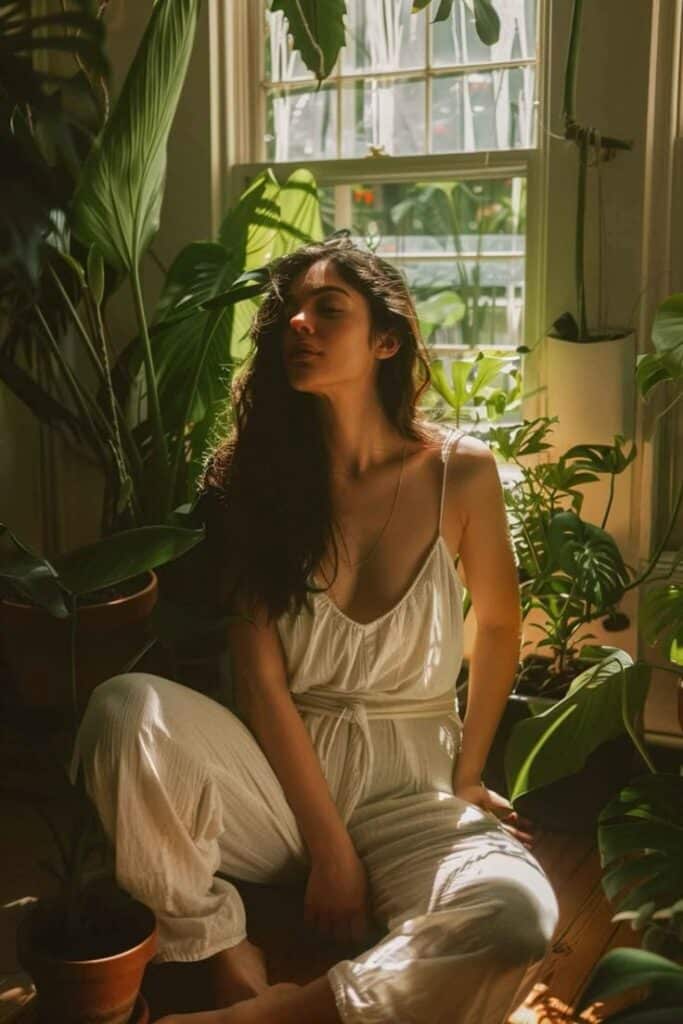 Woman sitting among lush indoor plants in sunlight, wearing a white outfit and looking serene.