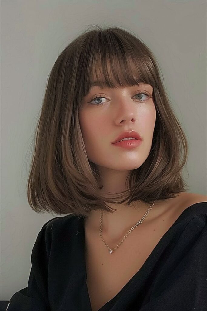 Portrait of a woman with a brown bob haircut, wearing a black top and necklace, looking confidently at the camera.