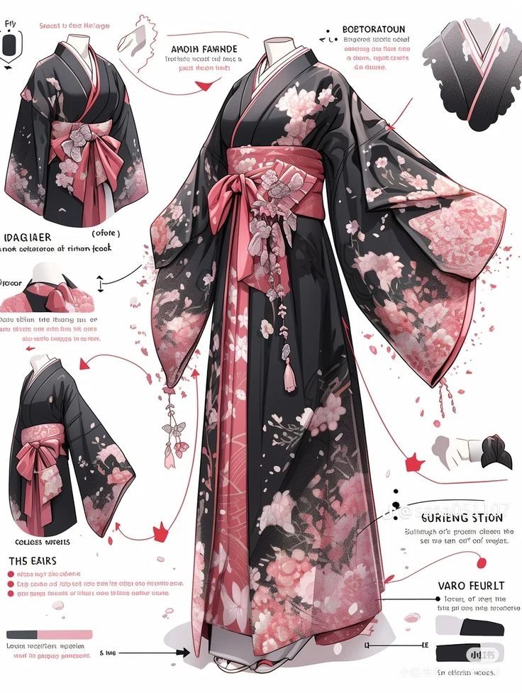 Elegant black and pink floral kimono design with detailed annotations and stylish accessories.
