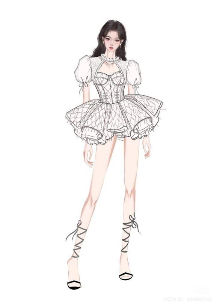 Illustration of a figure in a detailed, stylish short dress with puffy sleeves and strappy high heels.