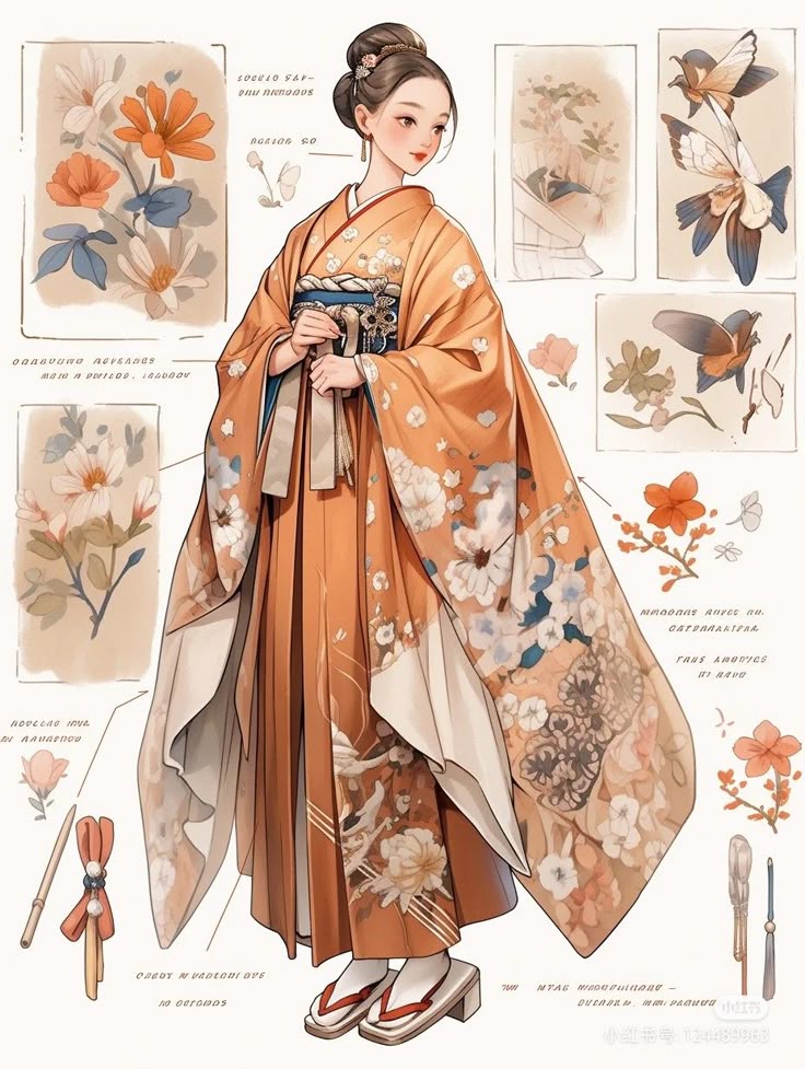 Illustration of a woman in an ornate kimono with floral patterns and accompanying botanical sketches.