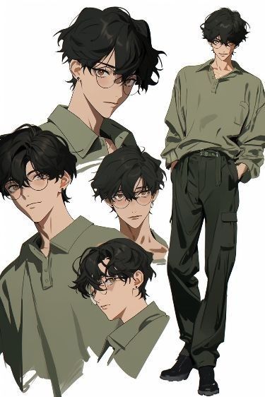 5193b049-1e3f-4502-a760-b4ded6efb27f Anime character with glasses in green outfit, multiple expressions and poses, casual style. | Sky Rye Design Anime character with glasses in green outfit, multiple expressions and poses, casual style.