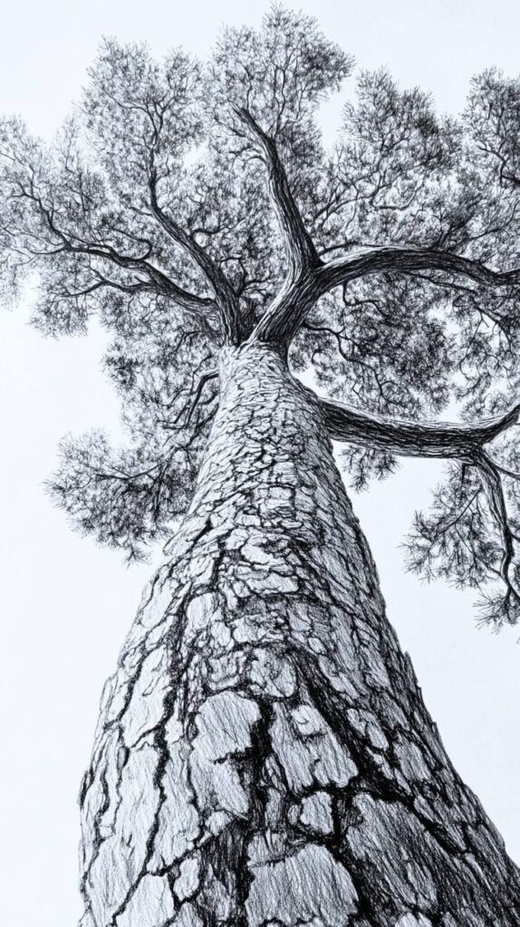 Looking up at a tall tree with textured bark and sprawling branches against a clear sky.