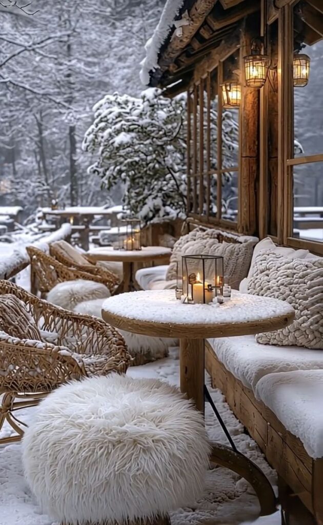 Cozy winter patio with snow-covered wooden furniture, candles, and fluffy cushions, creating a warm, inviting ambiance.