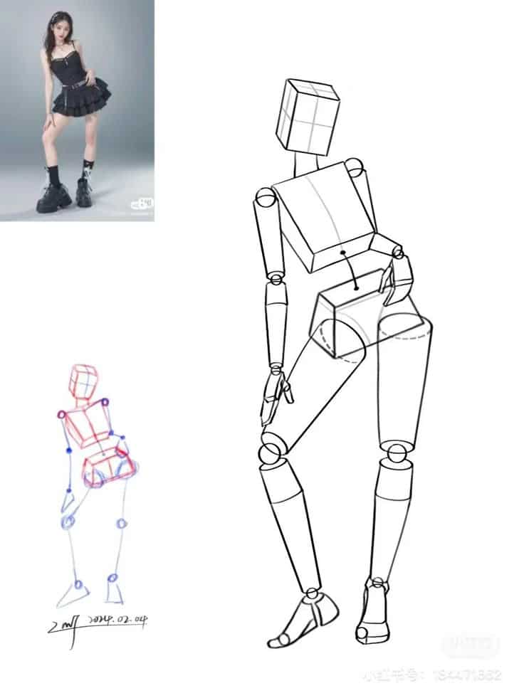 Fashion model pose with artistic line drawing and sketch study, emphasizing body proportions and silhouette.