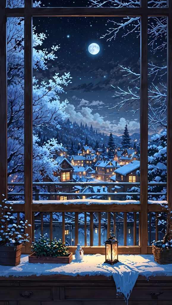 Cozy snowy village at night, viewed from window, glowing lantern, snowman, and snow-laden trees under a full moon.