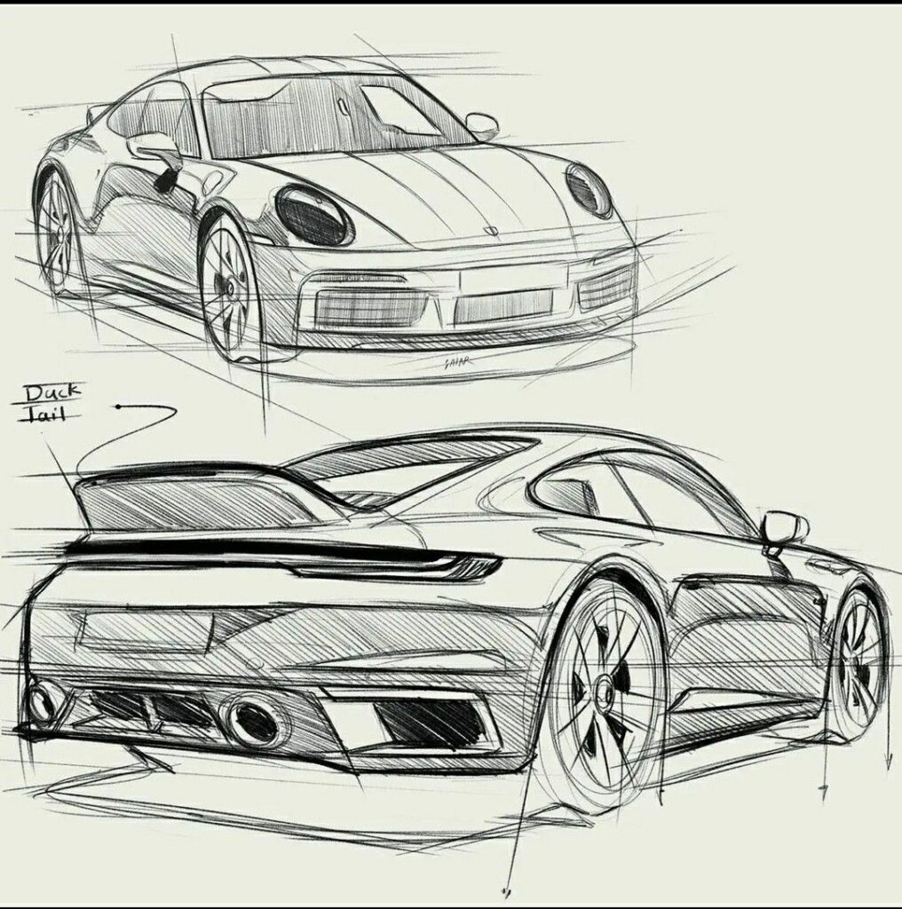 Sleek sports car design sketches showcasing front and rear views, highlighting modern aerodynamics and style.
