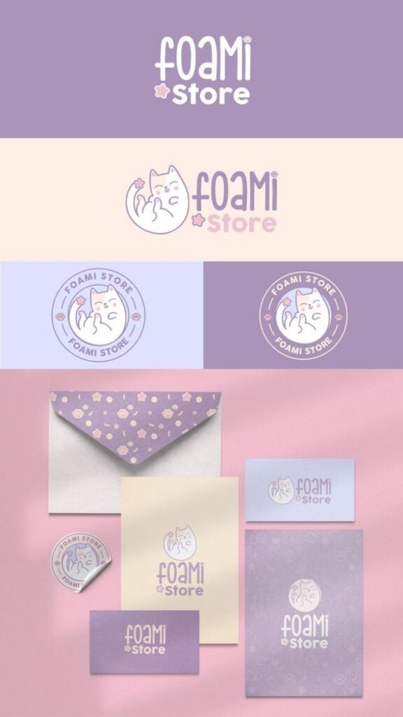 Foami Store branding design with cute cat logo on stationery set, including envelopes and business cards in pastel colors.
