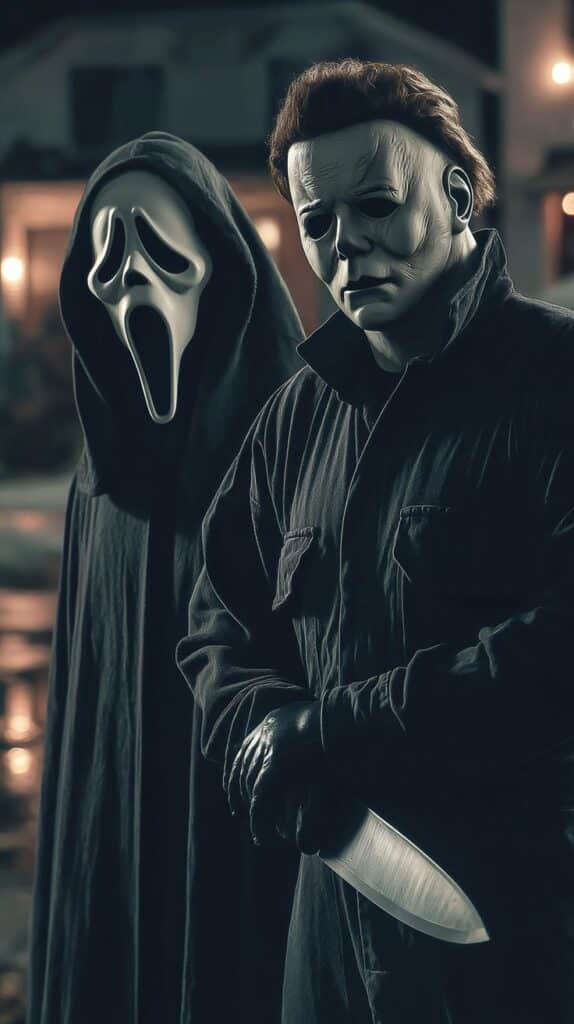 Scary masked figures in dark costumes holding a knife, standing ominously at night, horror movie atmosphere.