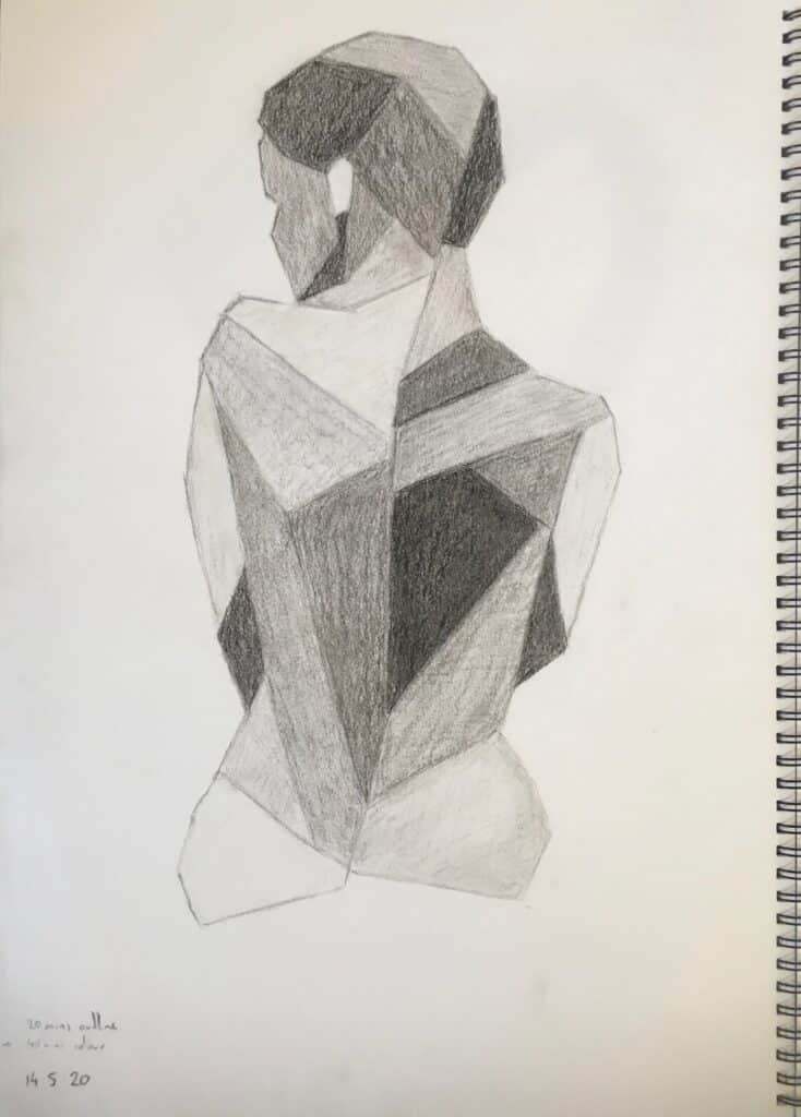 Geometric pencil sketch of a human figure with angular shapes and shading on paper.
