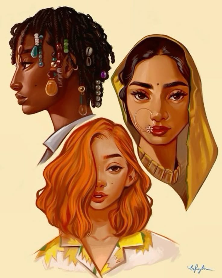 5578fd3b-f79c-4798-8b36-b2e3b3c5cdc1 Illustration of diverse women showcasing various cultural hairstyles and accessories. | Sky Rye Design Illustration of diverse women showcasing various cultural hairstyles and accessories.