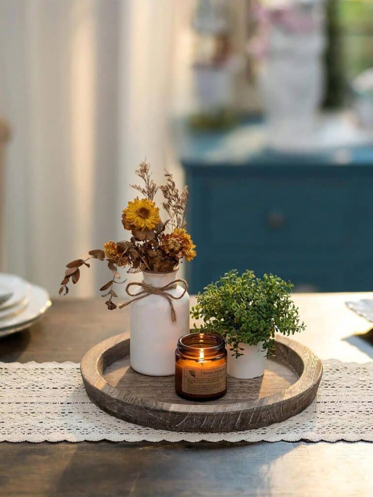 Cozy rustic decor with a candle, dried flowers, and greenery on a wooden tray, creating a warm, inviting ambiance.