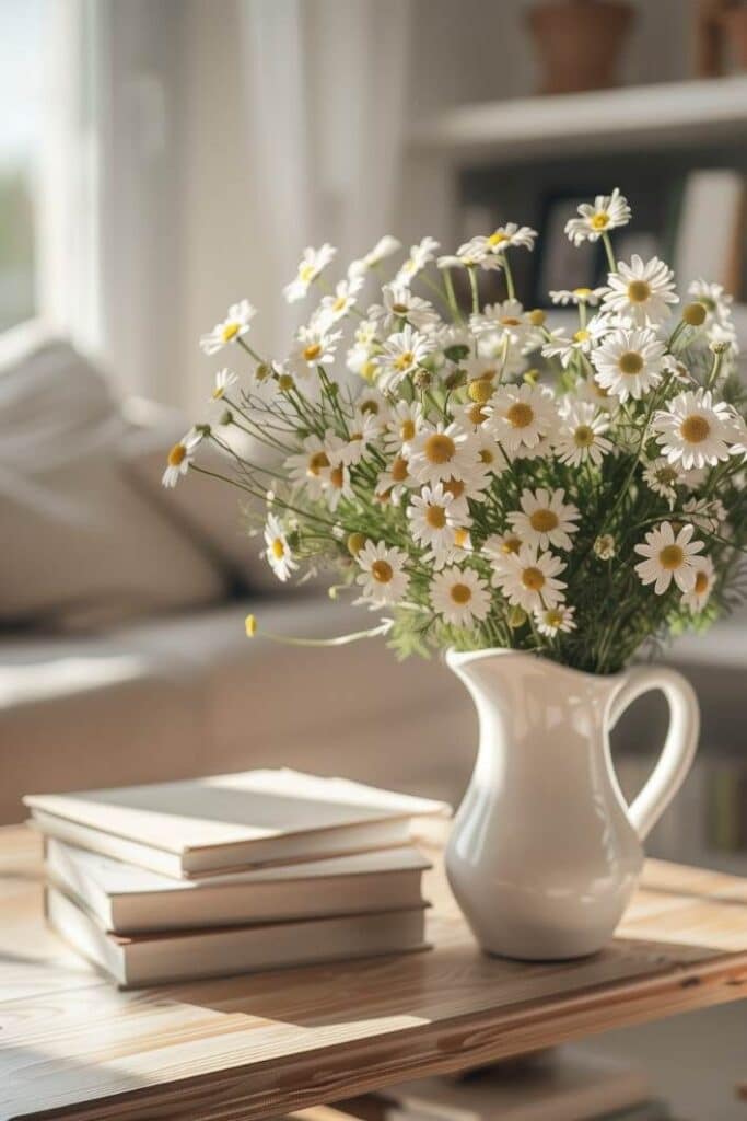 Vase with daisies on wooden table near stacked books in sunlit living room, creating a cozy, inviting atmosphere.