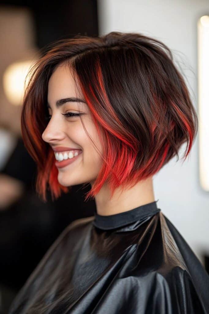 Woman with vibrant red highlights in a stylish bob haircut, smiling in a salon setting.