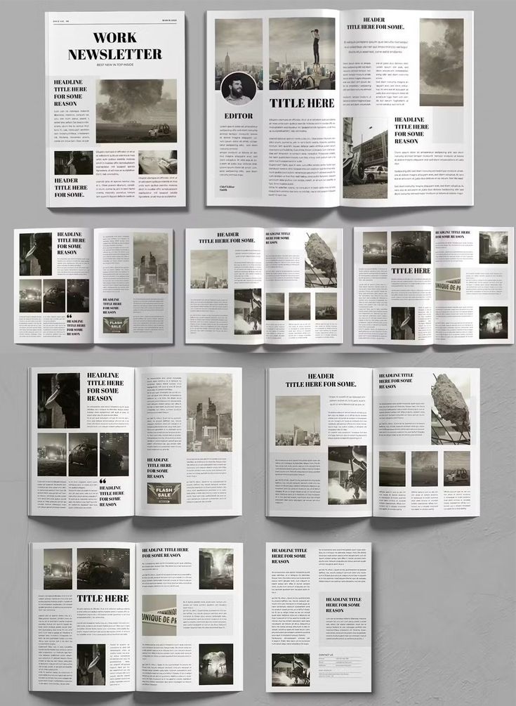 Newsletter layout with multiple pages featuring headlines, images, and text sections, designed in a professional style.