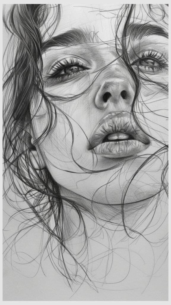 Pencil sketch of a woman's face with flowing hair, displaying intricate details and expressive features.