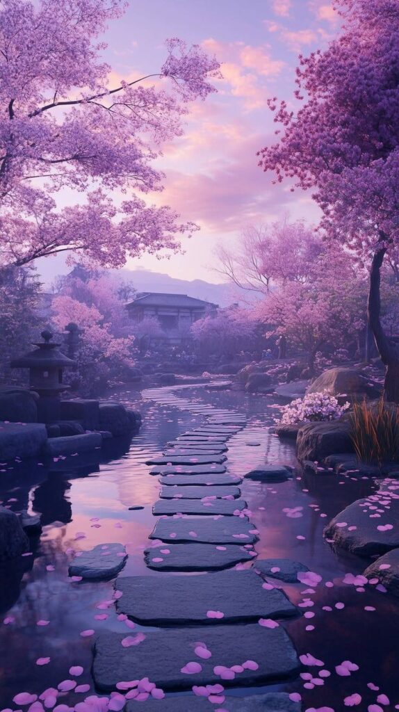 Tranquil Japanese garden path adorned with cherry blossoms, reflecting in serene water under a pastel sky.