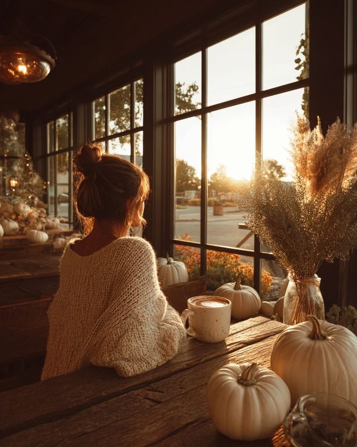 Cozy cafe scene with woman enjoying sunset, coffee, and autumn decor with pumpkins. Warm, inviting atmosphere.