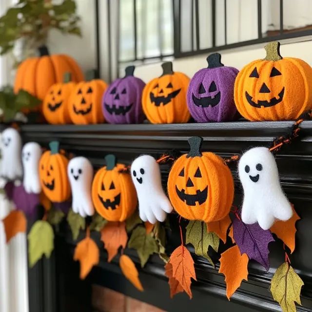 Halloween decor with pumpkins and ghosts on a mantel, creating a festive and spooky atmosphere.