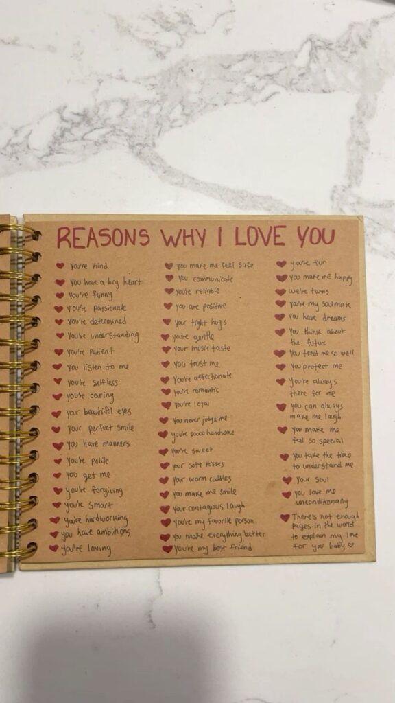 Handwritten list titled Reasons Why I Love You with romantic and heartfelt qualities written on a notebook page.