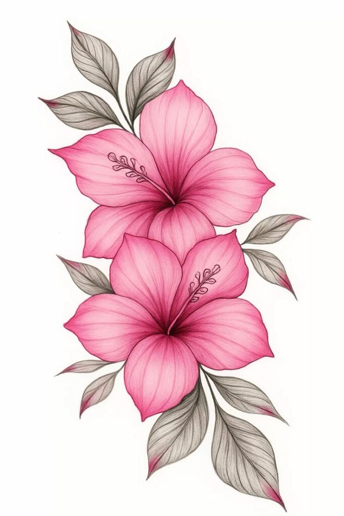 Illustration of two pink hibiscus flowers with green leaves on a white background.