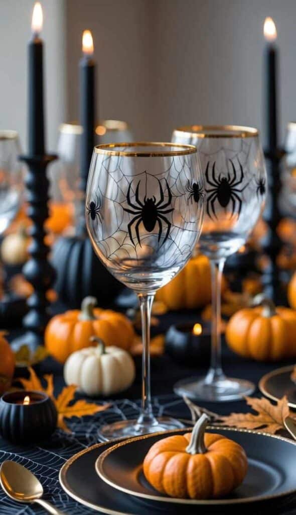 Halloween-themed table setting with spiderweb wine glasses, candles, and pumpkins. Perfect for spooky celebrations.