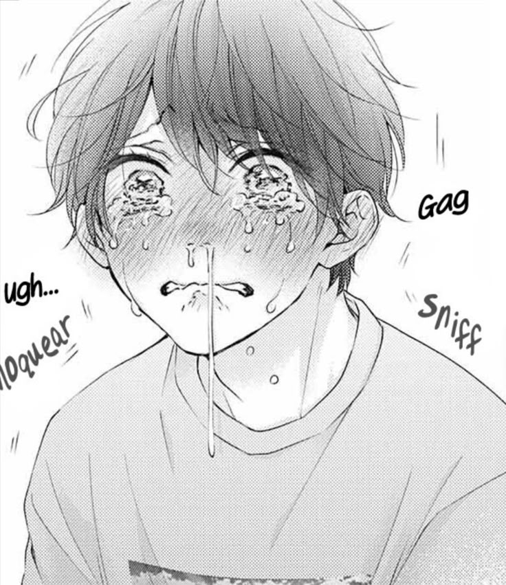 Crying anime character with tears, sweat, and a runny nose, expressing intense emotion and distress.