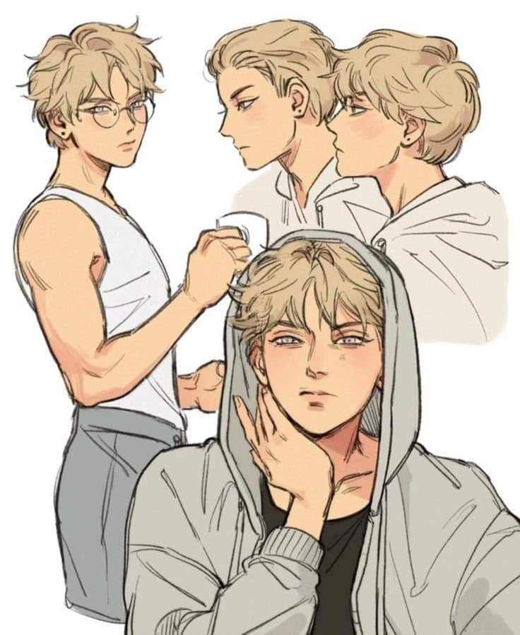 5d515643-f887-4bb5-a1c5-22da030b882f Anime-style illustration of a young blonde man in various casual outfits, displaying different expressions. | Sky Rye Design Anime-style illustration of a young blonde man in various casual outfits, displaying different expressions.
