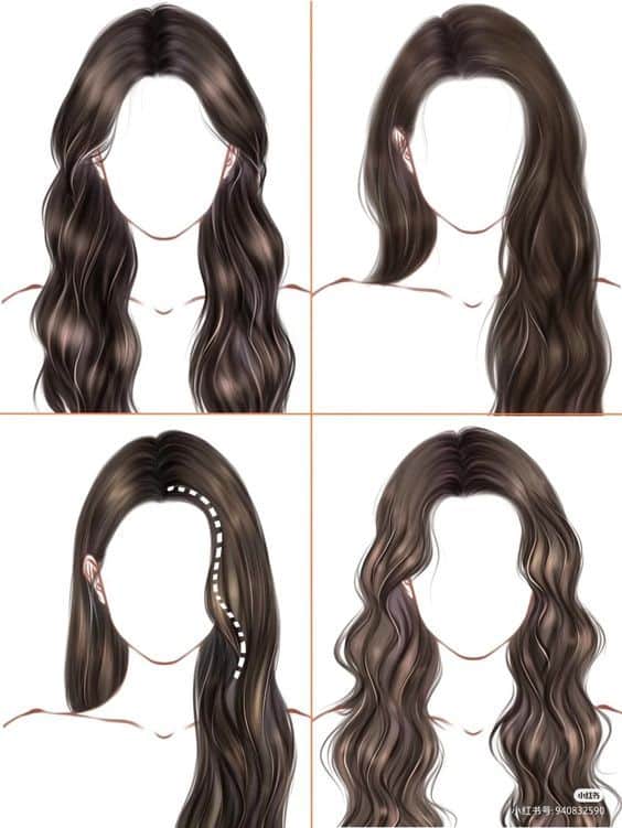 Illustration of four hairstyles featuring long wavy brown hair, each showcasing different styling techniques.