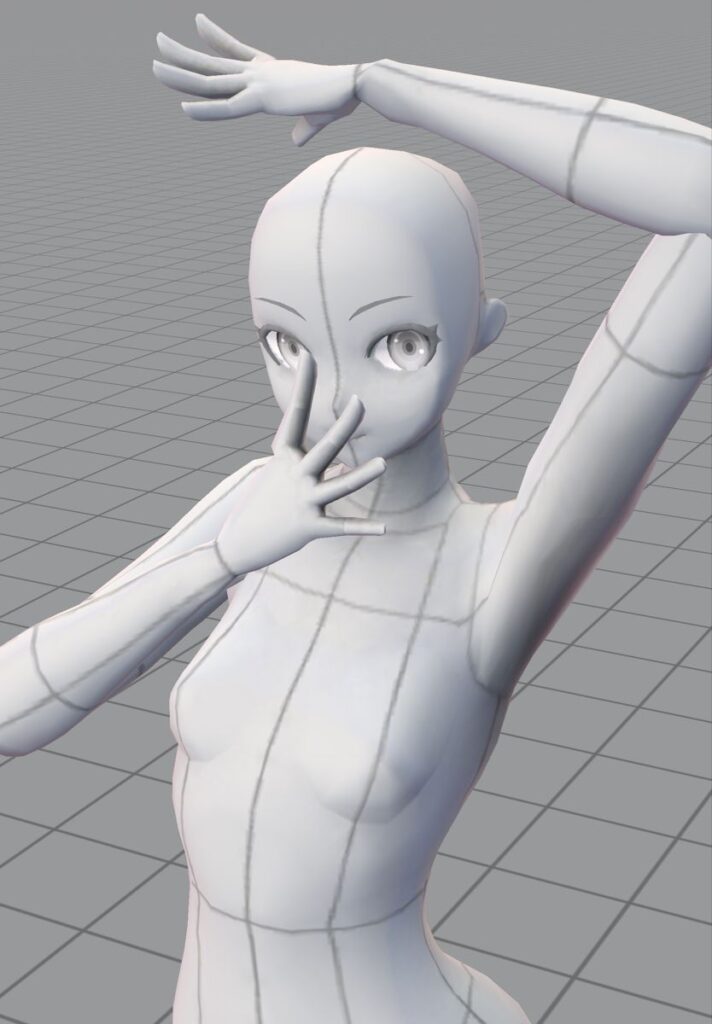 3D mannequin in dynamic pose with expressive eyes, highlighting flexibility and motion on a grid background.