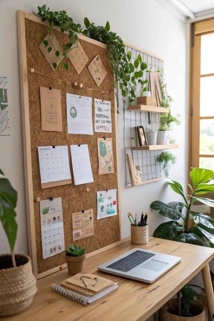 5ed8d17d79ac8577437b29a031133b5e Minimalist home office with a corkboard, laptop, and plants, promoting a creative and organized workspace. | Sky Rye Design Minimalist home office with a corkboard, laptop, and plants, promoting a creative and organized workspace.