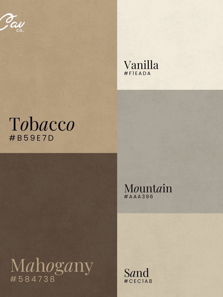 5f7bfa15-5cf1-4f78-ad7a-0675dce0097e Color palette with shades: Tobacco, Vanilla, Mountain, Mahogany, and Sand. Includes hex codes for each color. | Sky Rye Design Color palette with shades: Tobacco, Vanilla, Mountain, Mahogany, and Sand. Includes hex codes for each color.