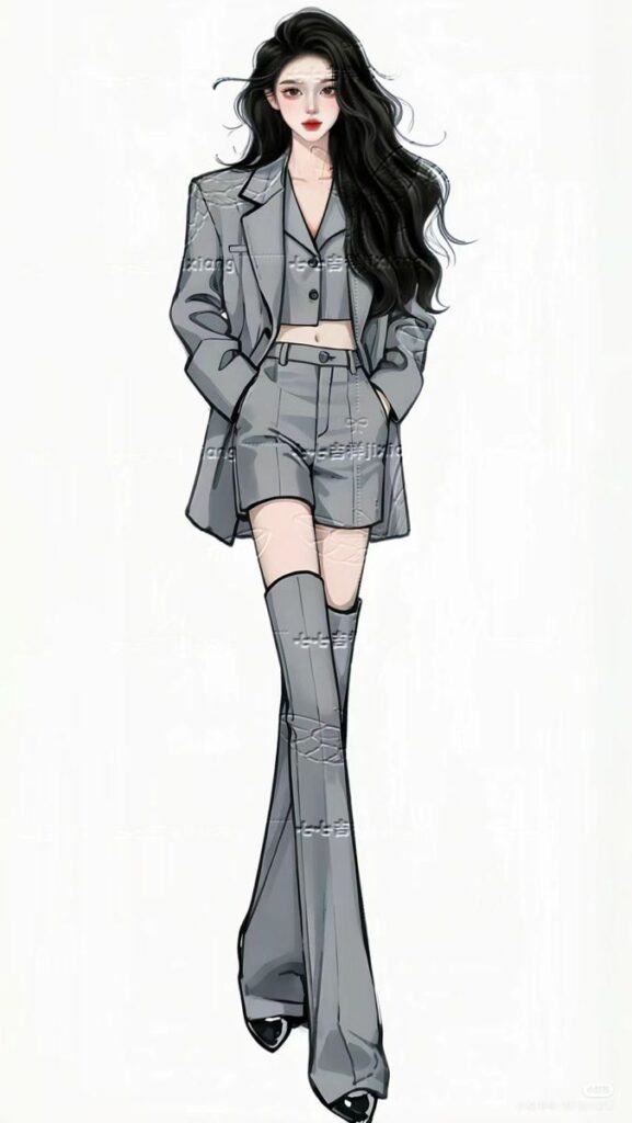 Illustration of a fashionable woman in a gray suit with shorts and thigh-high boots.