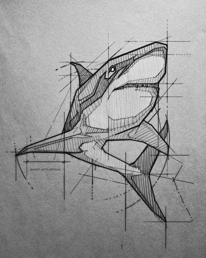 Abstract geometric shark sketch with intersecting lines and shading on textured paper background.