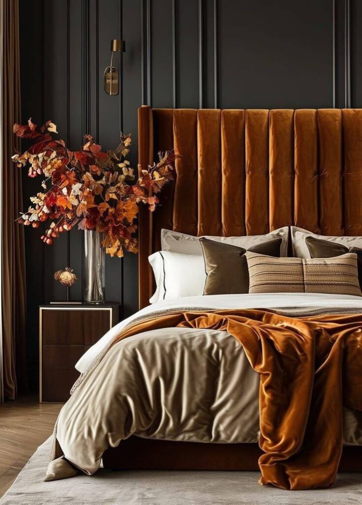 Luxurious bedroom with velvet headboard, warm bedding, and autumnal floral accent in a chic, elegant design.