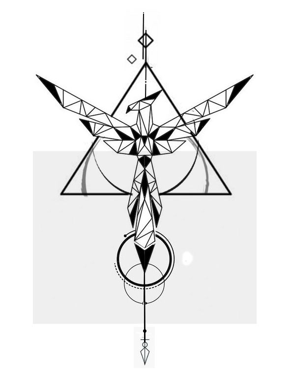 Geometric abstract tattoo design with triangles, circles, and a stylized bird-like shape in black and white.