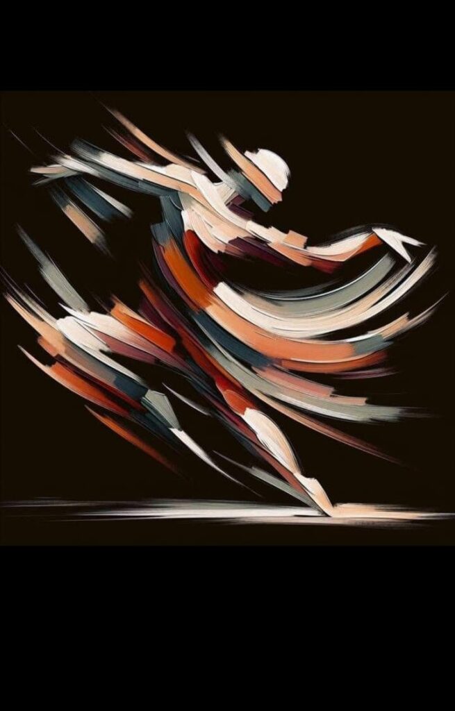 Abstract painting of a dynamic figure in motion with bold, swirling brushstrokes on a dark background.