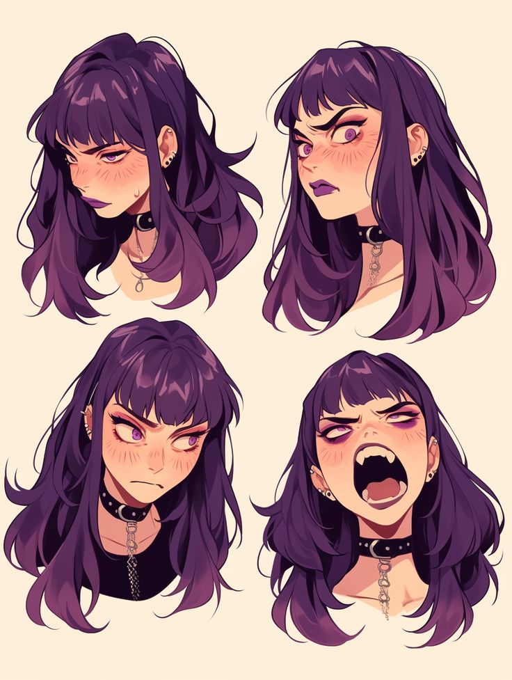 Four anime style portraits of a character with long purple hair showing various intense emotions.