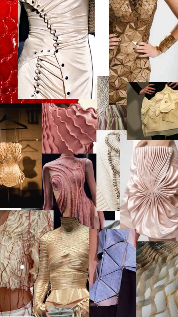Collage of textured, innovative fashion designs featuring pleats, drapes, and geometric patterns in various fabrics.