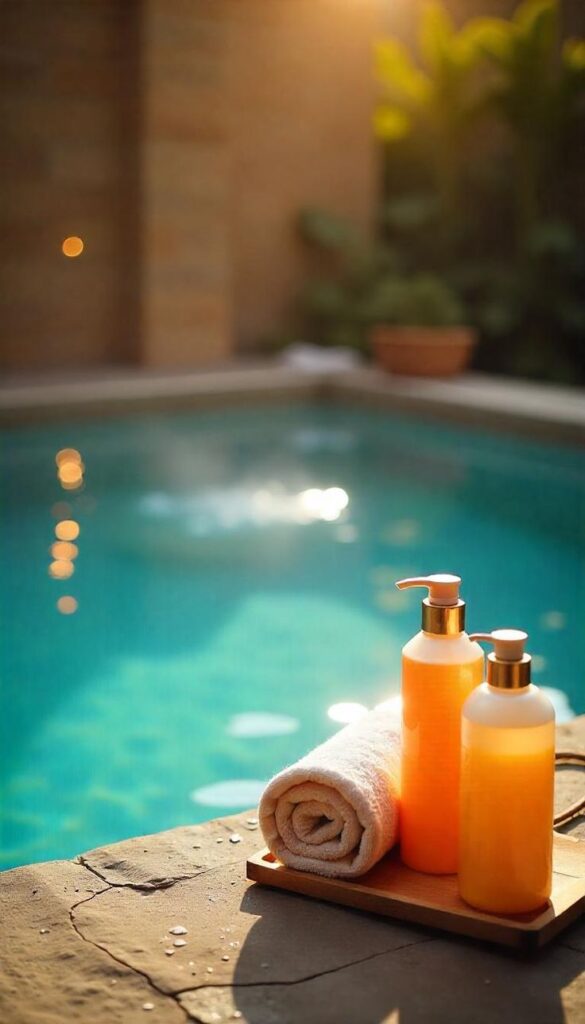 Poolside relaxation with towels and spa products at sunset. Perfect for a tranquil outdoor spa setting.