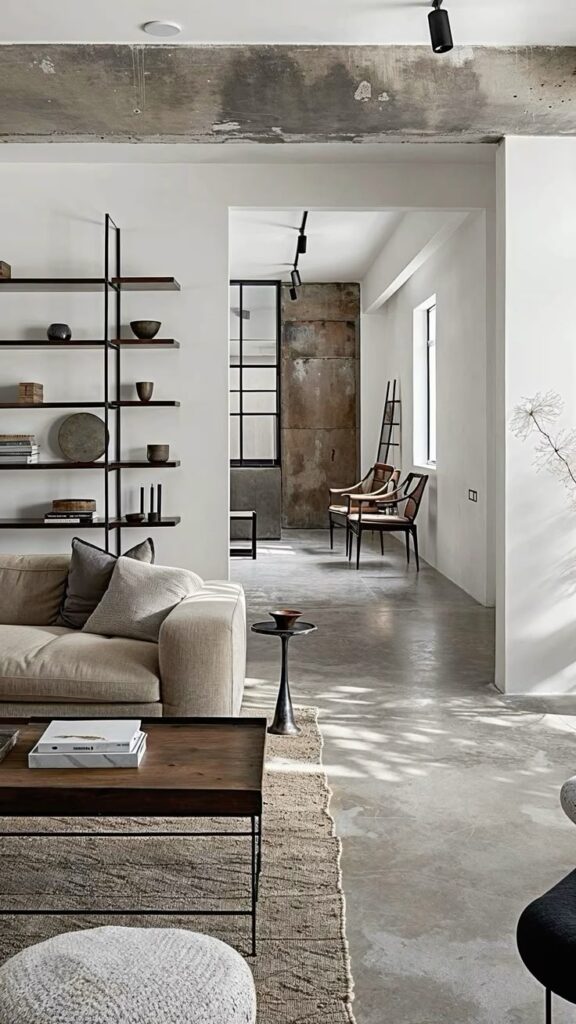 Modern industrial living room with beige sofa, open shelving, and minimalist furniture.
