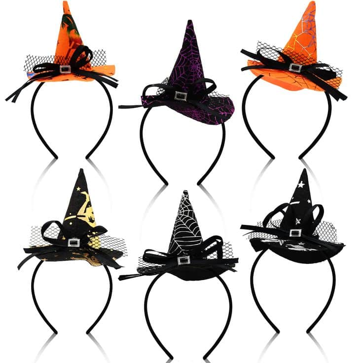 Colorful witch hat headbands for Halloween, featuring black, orange, purple designs. Perfect Halloween accessory.